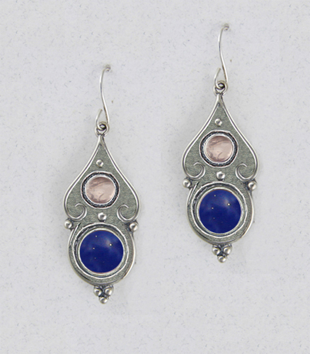 Sterling Silver Gothic Look With Lapis Lazuli And Rose Quartz Gemstone Drop Dangle Earrings